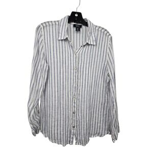 Jones New York Women 100% Linen Striped Blouse Shirt Womens SM Blue White Preppy